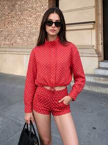 Women's Polka Dot Short Jacket Fashion Long Sleeve Top Coat Long Sleeve High Neck Drawstring Jacket Women's - Red - View 2