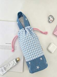 1pc Plaid Spliced Drawstring Water Bottle Bag, Portable Hand‑Held Insulated Cup Sleeve, Anti‑Scald Water Bottle Pouch, Protective Holder For Cup For Outdoor Picnic Travel Daily Use,Christmas Home Decor - Multicolor - View 16