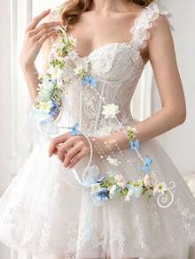 1pc Bohemian Style Bow-Shaped Creative Handheld Bouquet, Pink And White Floral Mesh Ribbon Pearl String, Forest Theme Wedding Photography Prop - Multicolor - View 2