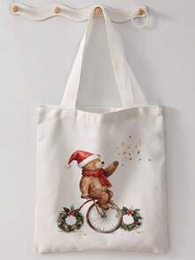 1pc Little Bear Print Canvas Tote Bag, Large Capacity Hand‑Held Shoulder Bag,Reusable Shopping Bag For Music Festival Party Daily Packing Books - Multicolor - View 10