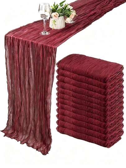 1pc/3pcs Burgundy Bohemian Style Gauze Table Runner, Semi-Transparent Thin Gauze Tablecloth, Suitable For Wedding, Birthday, Baby Shower, Party, Bohemian Style Tabletop Decor