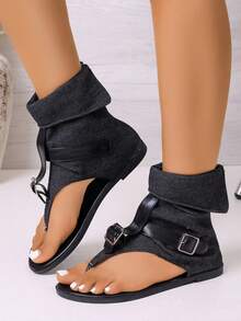 Women's Foldable Ankle Strap Sandals, Flat Sole, Easy To Wear, Everyday Footwear - Black - View 3