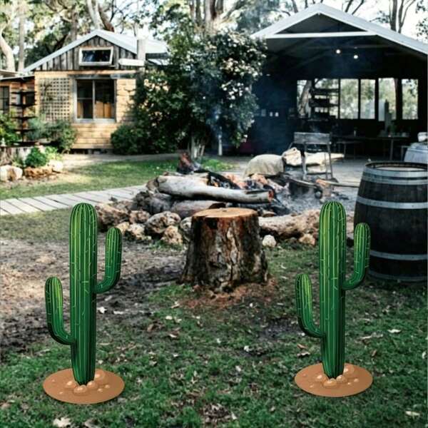 2D Flat, 2pcs Room Decor/Garden Decor, Large Mexican Cactus Shaped Outdoor Yard Sign, Easily Create Desert Style Landscape, Waterproof And Durable, Can Stand Stably On Lawn