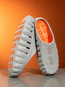 Men's Perforated Serrated Thick Sole Slip-On Sandals, Functional Style Hollow Shoes, Summer Outdoor Casual Slippers, Bathroom Anti-Slip Slides - Grey Orange - View 5