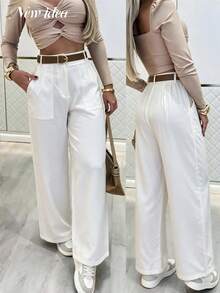 NEW IDEA Women's Casual White Fall Winter High Waist Wide Leg Pants, Pocketed Dress Trousers For Daily, Commute, Going Out & Dating Wear - White - View 2