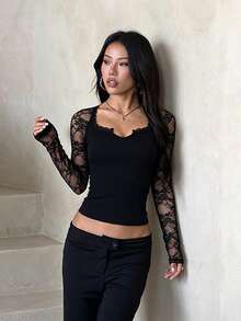 1pc Solid Color Knit Fabric Lace Patchwork Top Office Autumn - Black - View 2