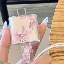 極簡花卉元素蘋果充電器蝴蝶結造型保護套，適用於 20W Apple 15 充電線保護套、16 Pro Max 手機數據線保護套、13/14 Plus 保護殼，防斷裂、防貓咬 - 蝴蝶百合花 - 查看 5