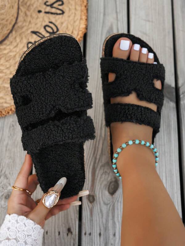Women's Plush Slip-On Slippers, Solid Color All-Season Slippers, Multi-Color Options, Fashionable Versatile Slippers, Flat Fairy Style Outdoor Wear, Women's Slip-On Flat Shoes, Daily Commute Lightweight Comfortable Breathable Slip-On Flat Shoes, Gentle Elegant Flat Shoes