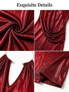 Women's Elegant Autumn Burgundy Metallic Fitted Halter Backless Slit Dress, Bodycon Long Dress, Suitable For Evening Party, Nightclub, Outing And Holiday Occasions, Christmas, New Year - Burgundy - View 3