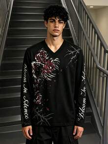 Men's V-Neck Long Sleeve T-Shirt, Gothic Style Spider Lily And Calligraphy Letter Print Streetwear Top - Multicolor - View 1