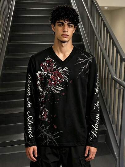 Men's V-Neck Long Sleeve T-Shirt, Gothic Style Spider Lily And Calligraphy Letter Print Streetwear Top