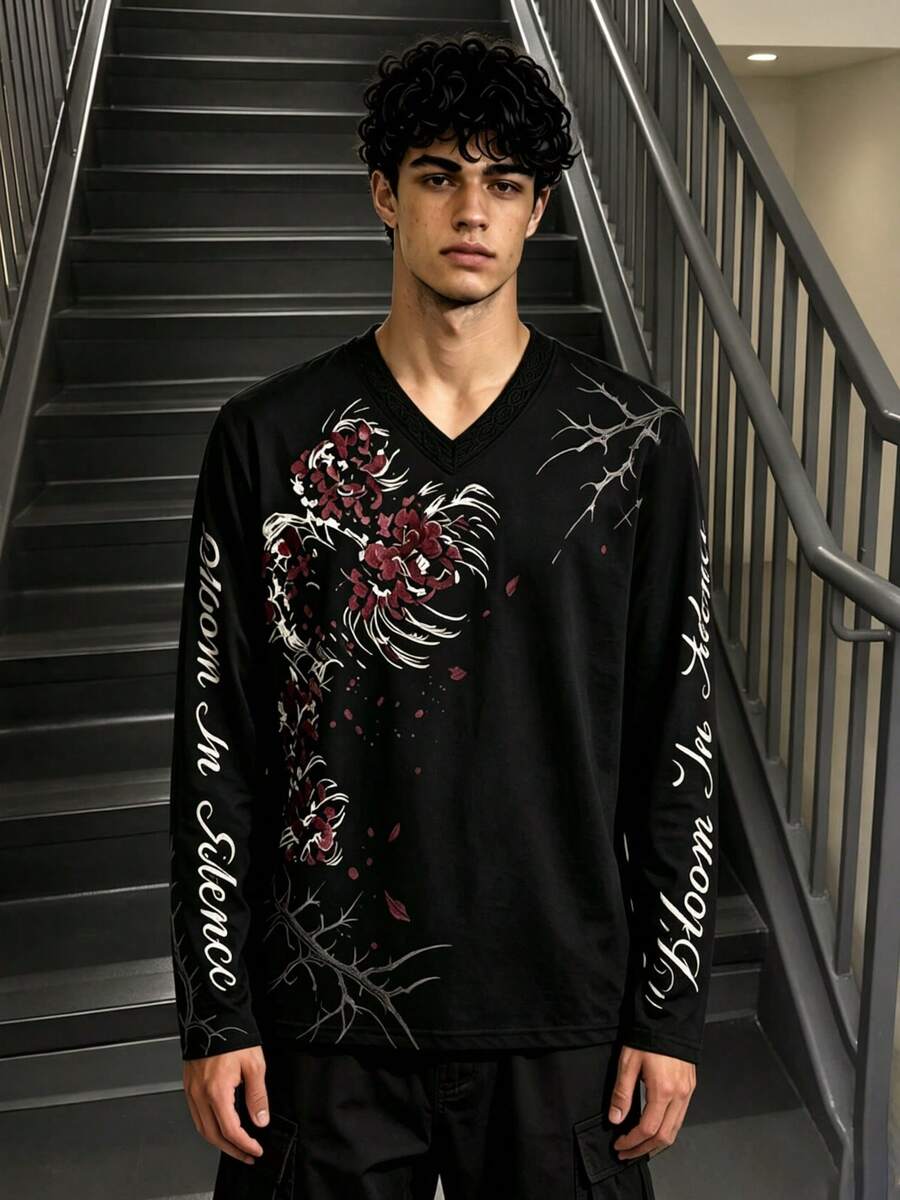 Men's V-Neck Long Sleeve T-Shirt, Gothic Style Spider Lily And Calligraphy Letter Print Streetwear Top - Multicolor - View 1