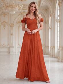 EVERPRETTY Summer Early Autumn Elegant Sparkling 3D Floral Open Shoulder Spaghetti Strap Caramel Orange Bridesmaid Dress Fall Wedding Party - Burnt Orange - View 2