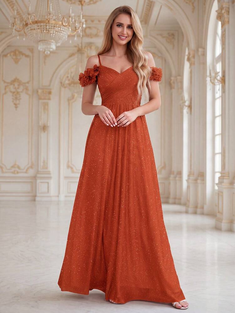 caramel bridesmaid dresses EVERPRETTY Summer Early Autumn Elegant Sparkling 3D Floral Open Shoulder Spaghetti Strap Orange Dress Fall Wedding Party Color:C-Slate Grey