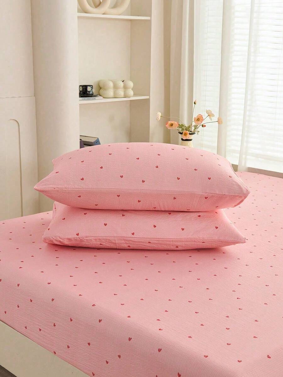 2pcs Pink Striped Heart Pattern Pillowcase And Decorative Throw Pillow Cover Set, Suitable For Bedding - Pink - View 1