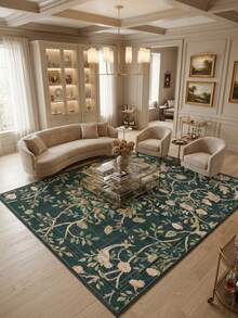 1PC Vintage Floral Bird Vine Pattern Deep Dark Green Area Rug, French Country Style Faux Cashmere Rectangular Dark Grid Border Machine Washable Floor Mat, Suitable For Living Room Bedroom Balcony Aesthetic Home Decor - Multicolor - View 4
