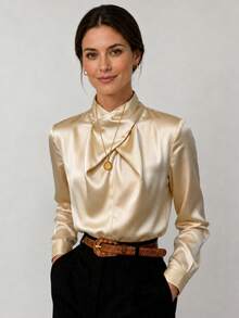 Women's Spring/Autumn Elegant Solid Color Long Sleeve Minimalist Daily Commute Top - Champagne - View 1