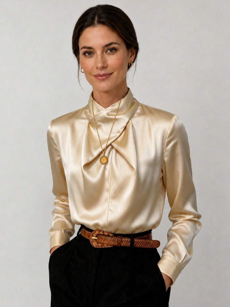Women's Spring/Autumn Elegant Solid Color Long Sleeve Minimalist Daily Commute Top - Champagne - View 1