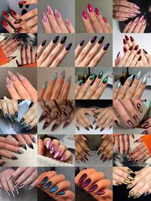 576 Pcs (24 Mixed Colors) Y2K Long Almond Glossy Nail Tips, Including Green, Purple, Red, Blue, Rose Red Cat Eye Crystal Cat Eye Acrylic Tips, Perfect For Long Almond Nail Designs - Multicolor - View 2