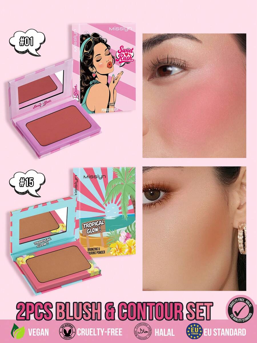 MISSLYN 2Pcs Sweet Rush Powder Blush & Tropical Glow! Bronzing & Contouring Powder Set, Silky Blendable Color, Natural Warm Radiant Finish, Face Palette Cheek/Contour/Highlight, Daily/Party/Summer, Clean Girl/Soft Glam/Sun-Kissed, Blush & Bronzer Set - #01+#15 - View 1