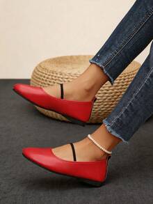 1 Pair Women's Red Elastic Strap Round Toe Flat Ballet Shoes Fashion Design Daily Slip‑On Flat Shoes - Red - View 5