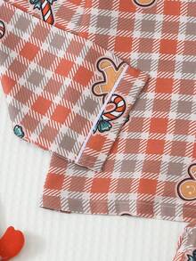 2pcs Comfortable Christmas Gingerbread Man Print Long Sleeve Collared Top And Bow Leggings Women's Pajama Set - Khaki - View 4