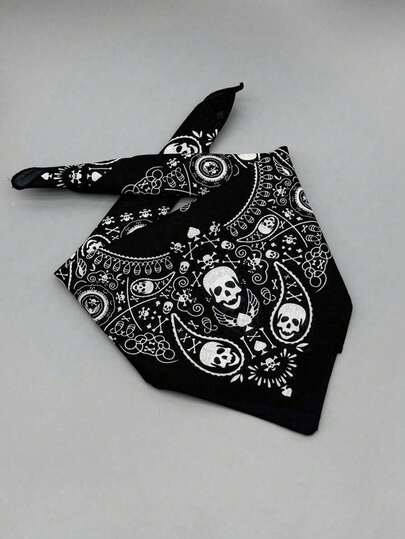 1pc Hip Hop Street Dance Popular Small Square Bandana With Flame Skull And Big Ghost Head Print, Unisex Headscarf, Outdoor Sports Bandana Headwear, Cycling Face Mask