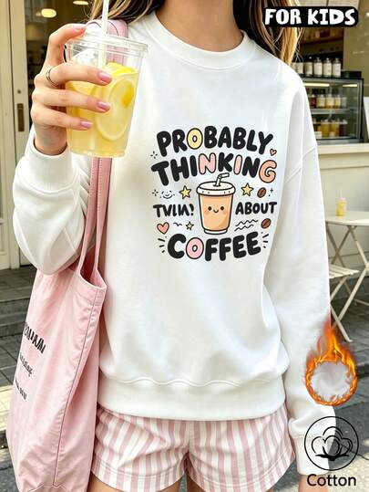 Kids' Fleece-Lined Loose Long Sleeve Crewneck Sweatshirt, Coffee Cup And Letter Graphic, Casual Cute Pullover, Perfect For Autumn And Winter Daily