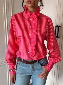 Blus Wanita Bergaris Kancing Depan dengan Hiasan Ruffle, Kerah Tegak, Lengan Panjang, Gaya Vintage Preppy Kasual Chic, Potongan Longgar - Garis-garis merah muda - View 5