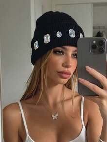 1pc Colorful Rhinestone Beanie Knit Hat Punk Style With Rhinestones Autumn/Winter Fashion Versatile Couple Hat Warm Hat Suitable For Daily Wear, Home, Outdoor, Cycling, Fishing (Rhinestone Color And Position Random) - Multicolor-d - View 1