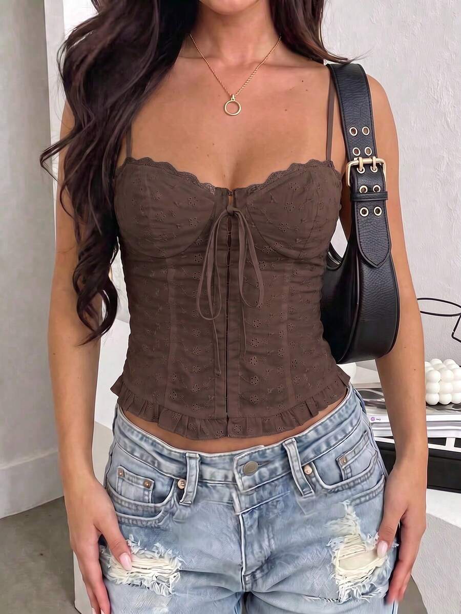 NOIRLYN Women's Summer Sexy Y2K Spicy Lace Embroidered Halter Top - Brown - View 1