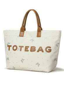 New Women's Tote Bag, Nylon Fabric, Butterfly Print & Letter Pattern, Handbag For Outing, Commuting, Shopping, Large Capacity - White - View 5