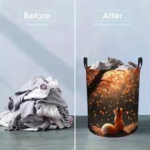 1PC Autumn Scenery Fox Under Tree Falling Leaves Print Round Laundry Basket Large Capacity Storage Hamper With Handles For Bedroom Dorm Home Organization - Multicolor - View 5