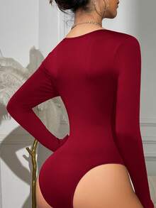 RAHQ 1pc Fashionable Bodysuit, Long Sleeve Square Neck, Delicate Sheer Mesh Decor, Slim Fit - Red - View 7