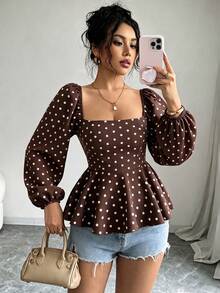 Blus Wanita Lengan Panjang Model Peplum Motif Polkadot Cokelat Vintage - Coffee Brown - View 3