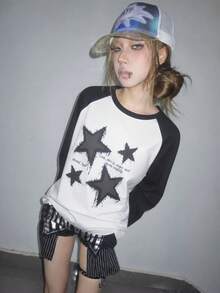 Y2K American Retro New Women's Round Neck T-Shirt Casual Loose Fit American Star Print Pattern Versatile Contrast Color Raglan Sleeve Long White - White - View 3