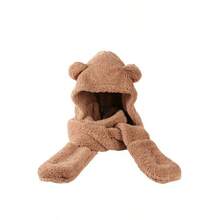 1pc Bear Ear Hat 3 Pieces Set, Thickened Warm Double-Layer Cold-Proof Cute Hat, One-Piece Hat, Solid Color Polyester (Polyester) Fine Fleece - A - View 5