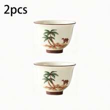 1/2/4/6pcs Ceramic Tea Cups, Beige Handmade Painted Coconut Tree & Camel Pattern Tea Cups, Arabic Tea Cups, Coffee Cups, Water Cups, Suitable For Home Tea Drinking, Water Drinking, Family Gatherings And Friends Parties, Also A Great Gift - Multicolor - View 15