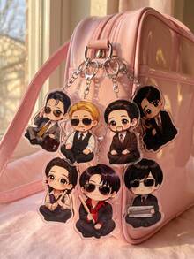 1Pc/7Pcs K-Pop Themed Acrylic Keychains, Featuring Chibi Sitting Members Wearing Suits And Fashion Glasses With Unique Prop Designs, Fashionable Bag Charms, Suitable For Back To School, Gift For K-Pop Fans, Exquisite Collectibles, All Season - Multicolor - View 2