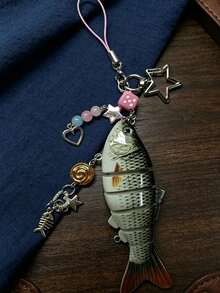 1pc Y2K Fish Pendant Beaded Keychain, Star & Heart Metal Charm, Handbag Accessory Fashion Gift, Fishing Enthusiast Ornament - Multicolor - View 6