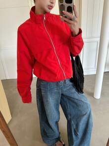 Plus Size Women's Casual Jacket, Red, Short Stand Collar, Commute, Vacation, Preppy Style, Loose Fit, Versatile Jacket - Red - View 2