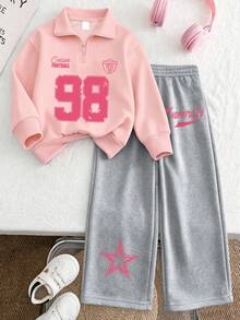 2pcs/Set Girls Outfit, Includes Half-Zip Casual Printed Sweatshirt And Minimalist Wide-Leg Pants, Suitable For Autumn/Winter Holiday/Outing Wear - Pink - View 1