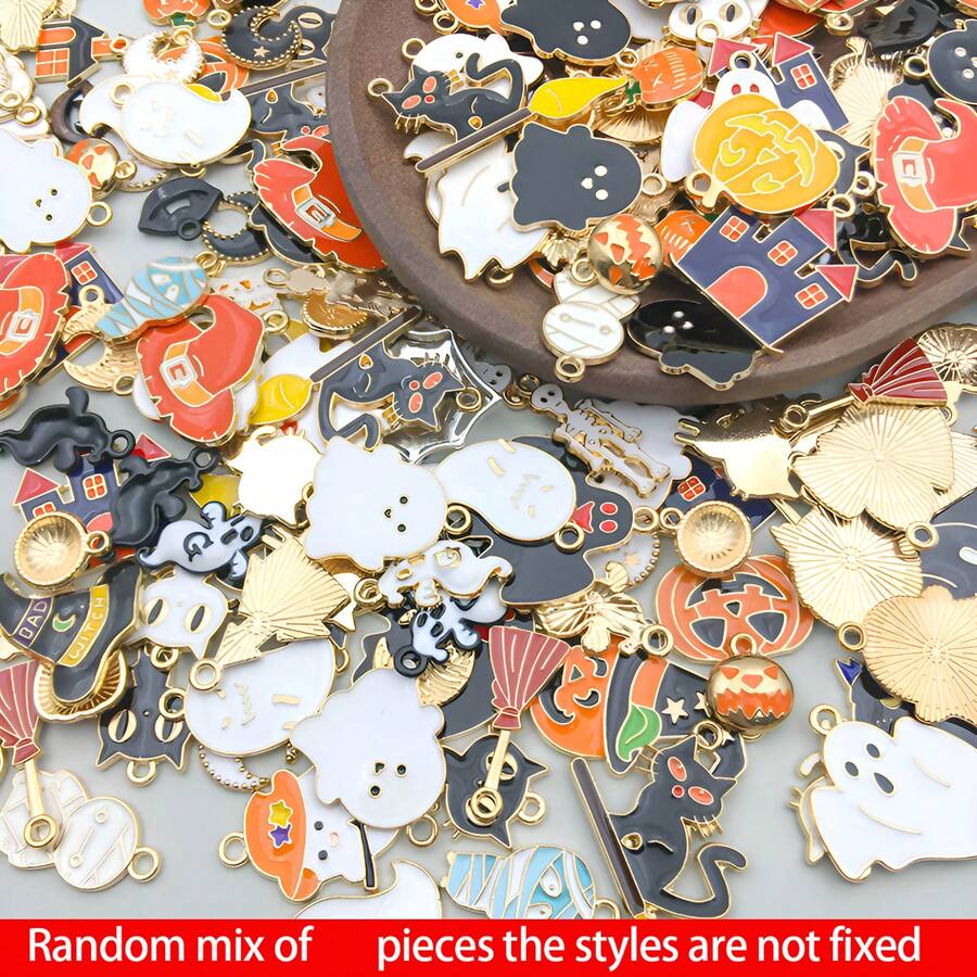 10/20/30/50/100pcs Random Mixed Halloween Enamel Charms Pumpkin Ghost Witch Bat Alloy Pendant For DIY Bracelet Necklace Jewelry Making Findings - Multicolor - View 1