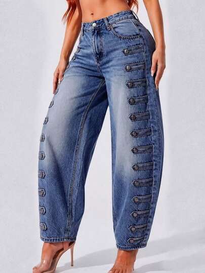 Pantalones anchos curvos de cintura alta holgados lavados estilo americano, con botones decorativos múltiples en el lateral para mujer