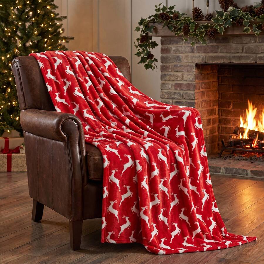 Soft & Comfortable 1pc Red Background Full Print Christmas Deer Modern Flannel Blanket - Style Polyester Nap Blanket - Digital Printing Process, Suitable For Sofa, Bed, Travel, Office Home Decor - Multicolor - View 1