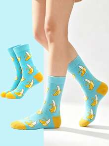 1 Pair Fresh Blue Banana All-Over Print Mid-Calf Socks, Unisex, Creative Fruit Cartoon Pattern Colorblock Socks, Skin-Friendly Sweat-Absorbent Casual Sports Everyday Versatile Socks, Suitable For All Seasons - Multicolor - View 1