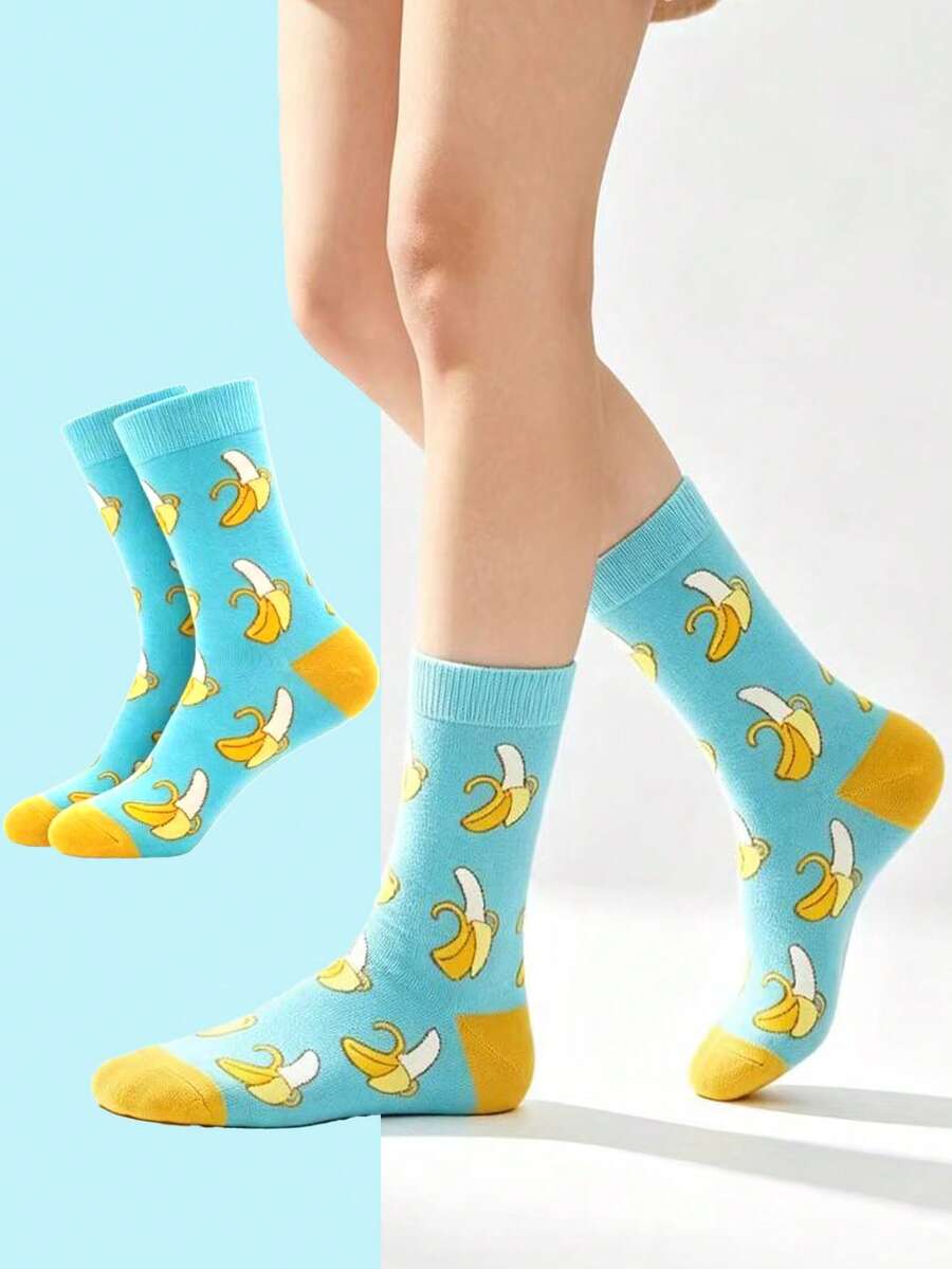 1 Pair Fresh Blue Banana All-Over Print Mid-Calf Socks, Unisex, Creative Fruit Cartoon Pattern Colorblock Socks, Skin-Friendly Sweat-Absorbent Casual Sports Everyday Versatile Socks, Suitable For All Seasons - Multicolor - View 1