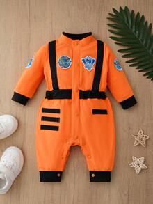 Interstellar Exploration Style Newborn Jumpsuit, Contrast Color Webbing Badge Decor Infant Long Sleeve Jumpsuit - Orange - View 13