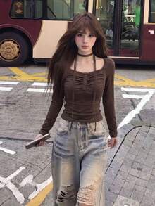 韓式簡約性感修身百搭蕾絲長袖T恤女款休閒內搭上衣 - 棕色 - 查看 3