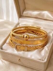 Camhanno Women's 3pcs Gold Bracelet Set, Clover Rectangular Zirconia Roman Numeral Belt Buckle Rhinestone Stackable Daily Wrist Jewelry Accessories - Multicolor - View 7